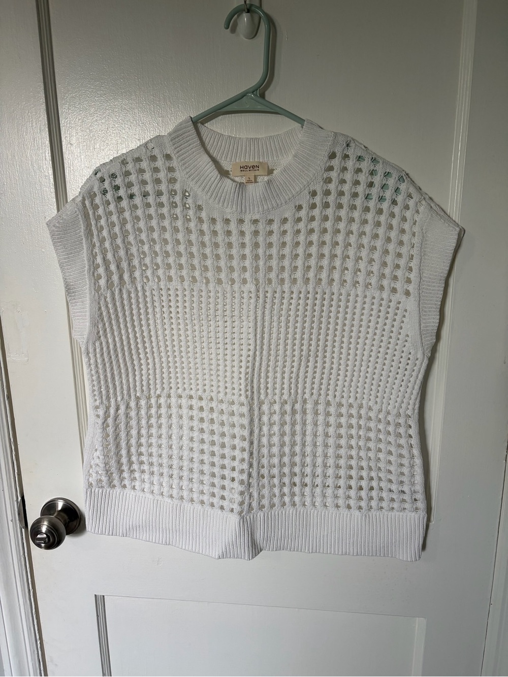 HAVEN White Open-Knit Sleeveless Crewneck Sweater Vest